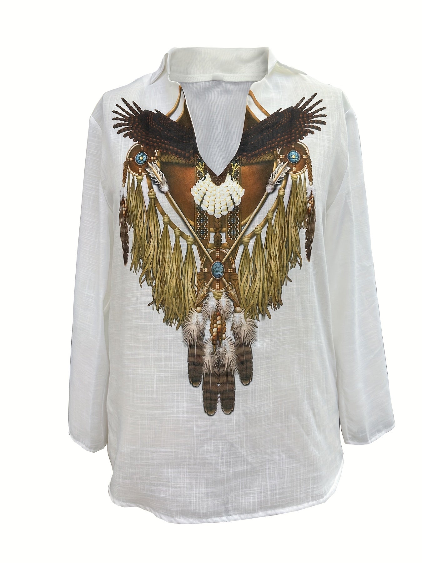  Boho Blouse Women's Plus Tribal Print Long Sleeve Shirt