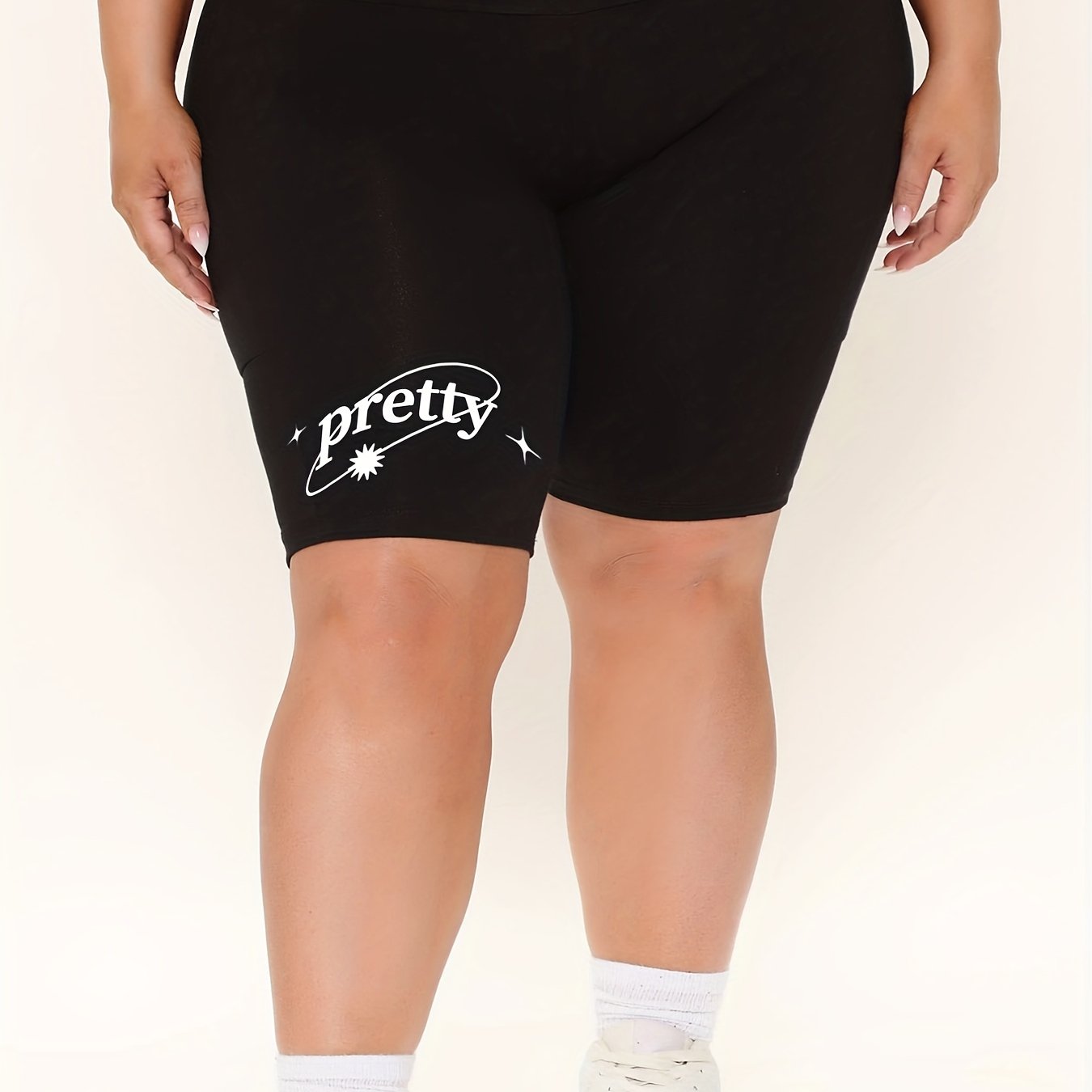 Plus Letter & Flower Print High Rise Biker Shorts