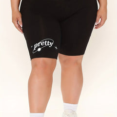 Plus Letter & Flower Print High Rise Biker Shorts