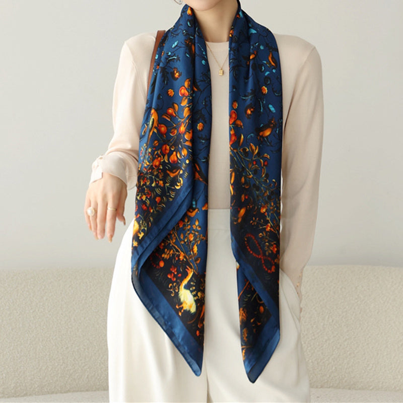 Crane Print Square Scarf Vintage Sunscreen Shawl Beach Travel Head Wrap