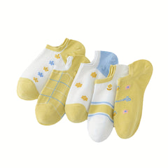 5 Pairs Floral Print Ankle Socks Soft & Lightweight Women's Stockings