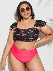  Colorblock Cherry Print Ruffle Sleeve Bikini Set