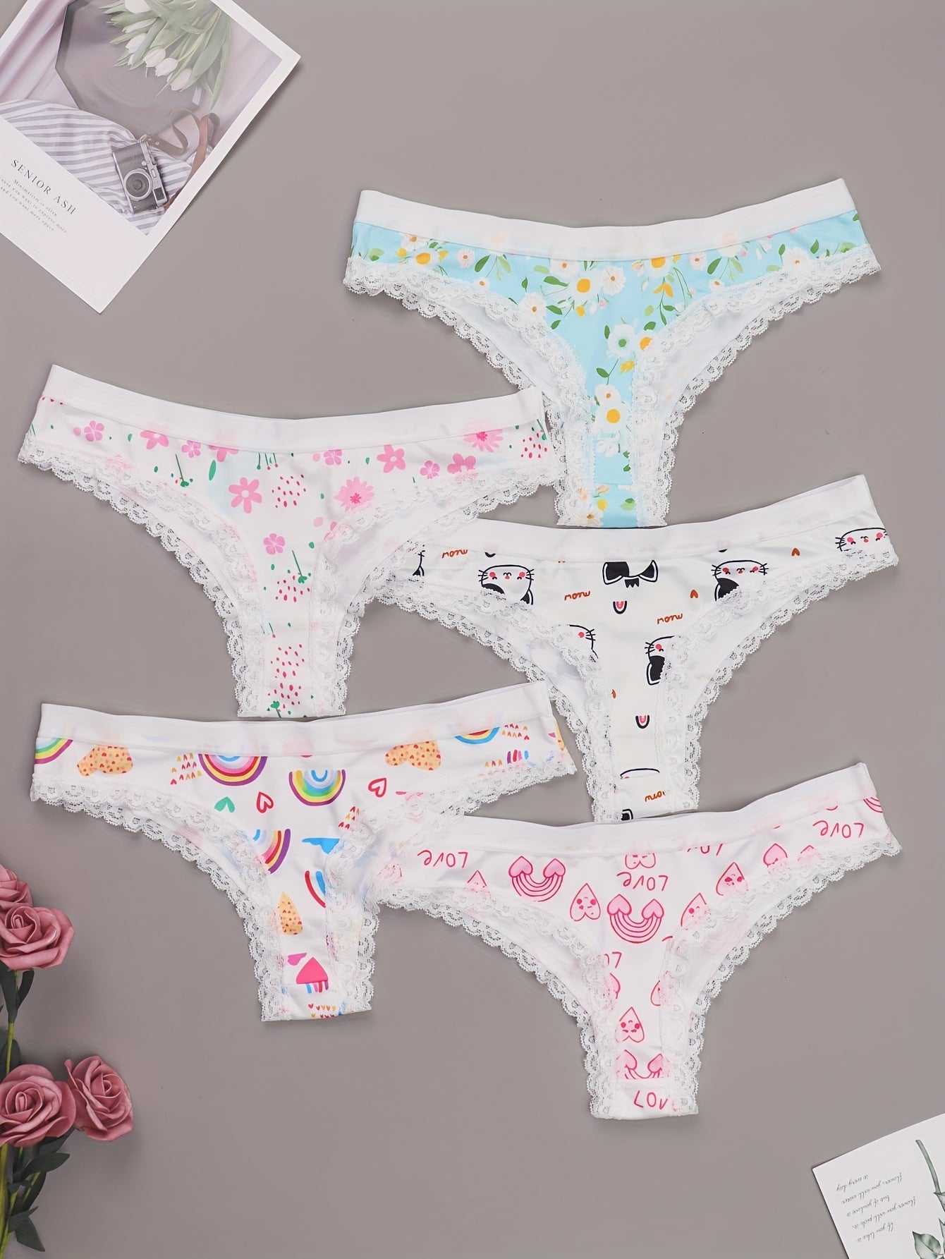 5 Pack Plus Size Panties Set Women's Plus Cat & Heart & Daisy Print