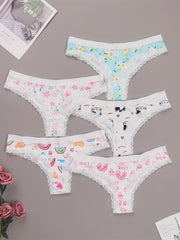 5 Pack Plus Size Panties Set Women's Plus Cat & Heart & Daisy Print