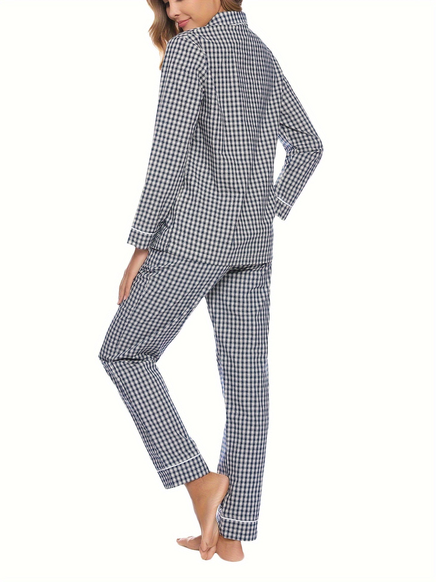 Plaid Print Lounge Set Long Sleeve Buttons Top & Elastic Waistband Pants
