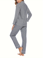 Plaid Print Lounge Set Long Sleeve Buttons Top & Elastic Waistband Pants