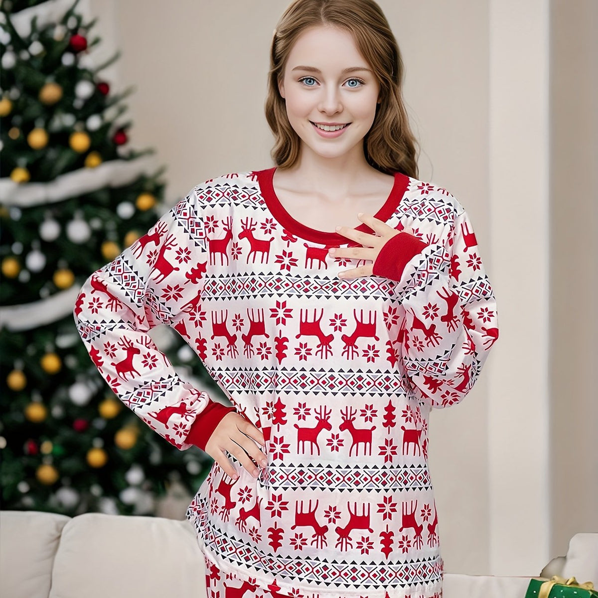 Christmas Elk Print Pajama Set Long Sleeve Top & Pants Women's Sleepwear