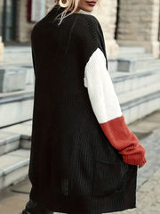  Colorblock Long Sleeve Open Front Cardigan With Pockets