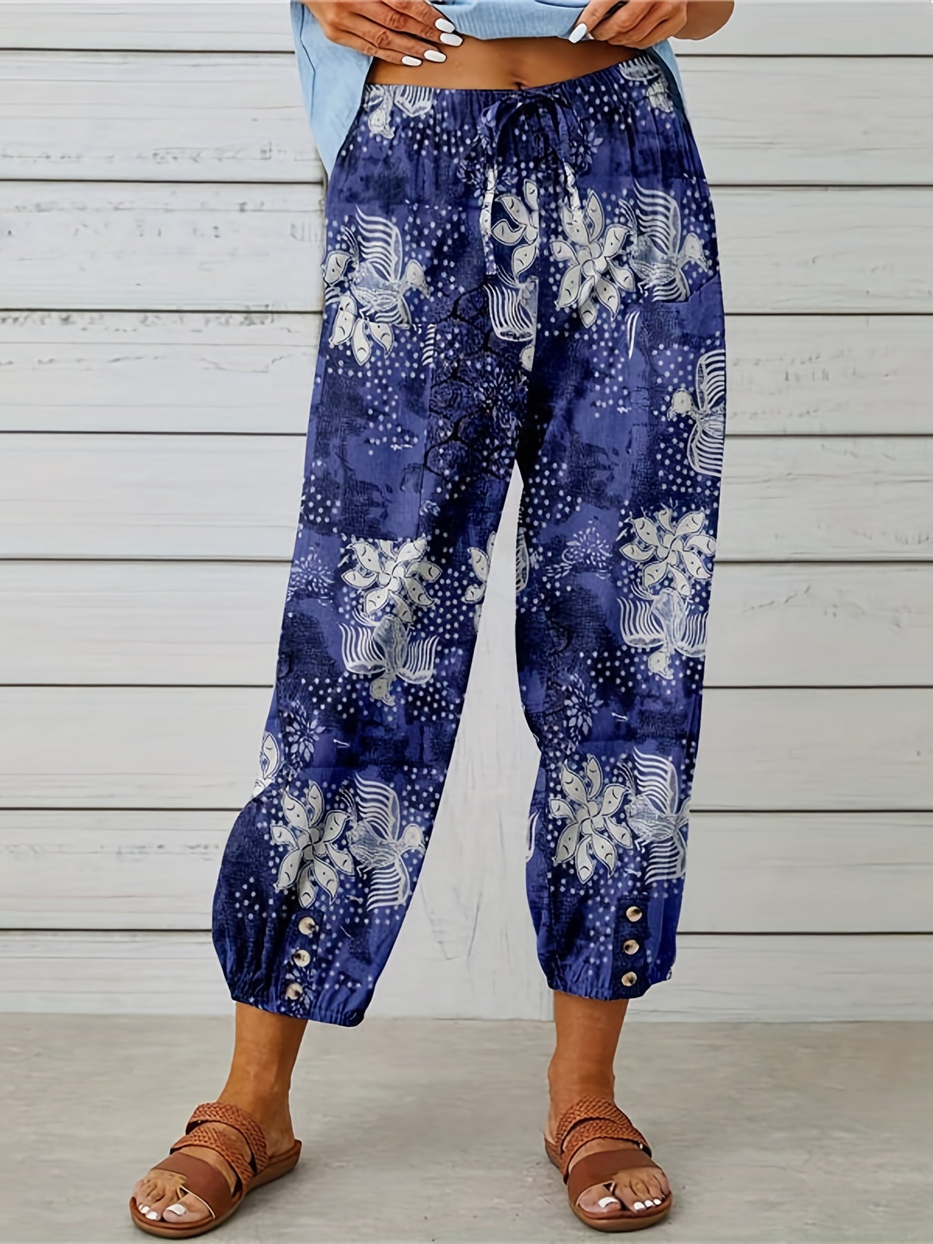 Vacay Pants Women's Plus Tropical Print Elastic Drawstring Trousers