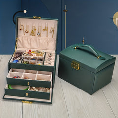 Large Capacity Leather Jewelry Organizer Box 3 Layer Display Case
