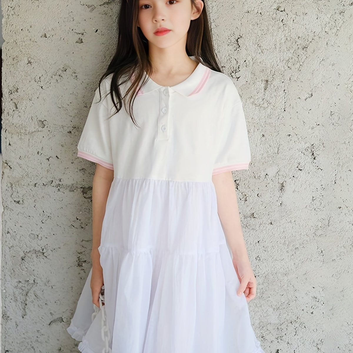 Girls' Cotton Polo Dress Short Sleeve Button Up Casual One Piece