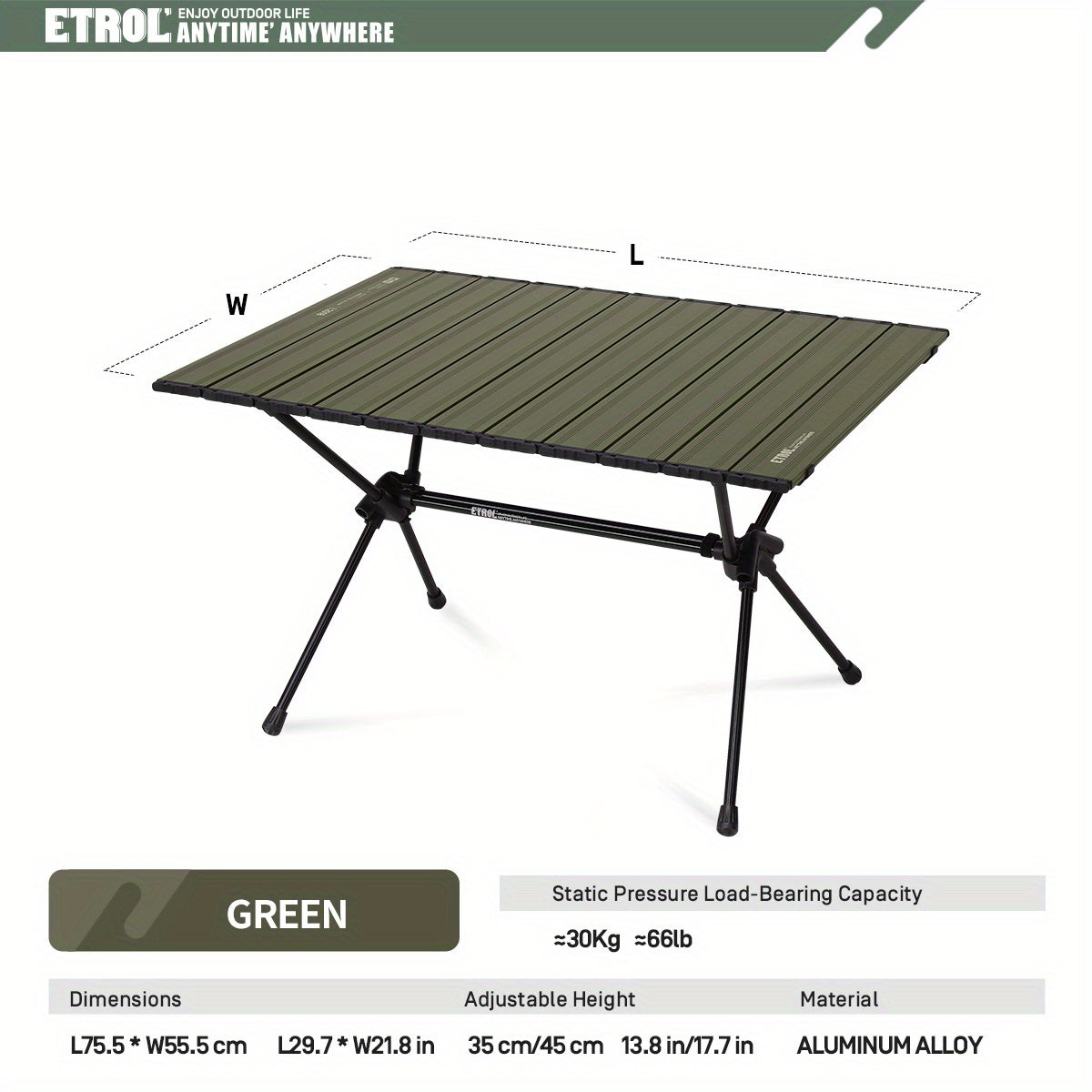 Large Aluminum Folding Table for Camping & Picnic, 2 Height Adjustments