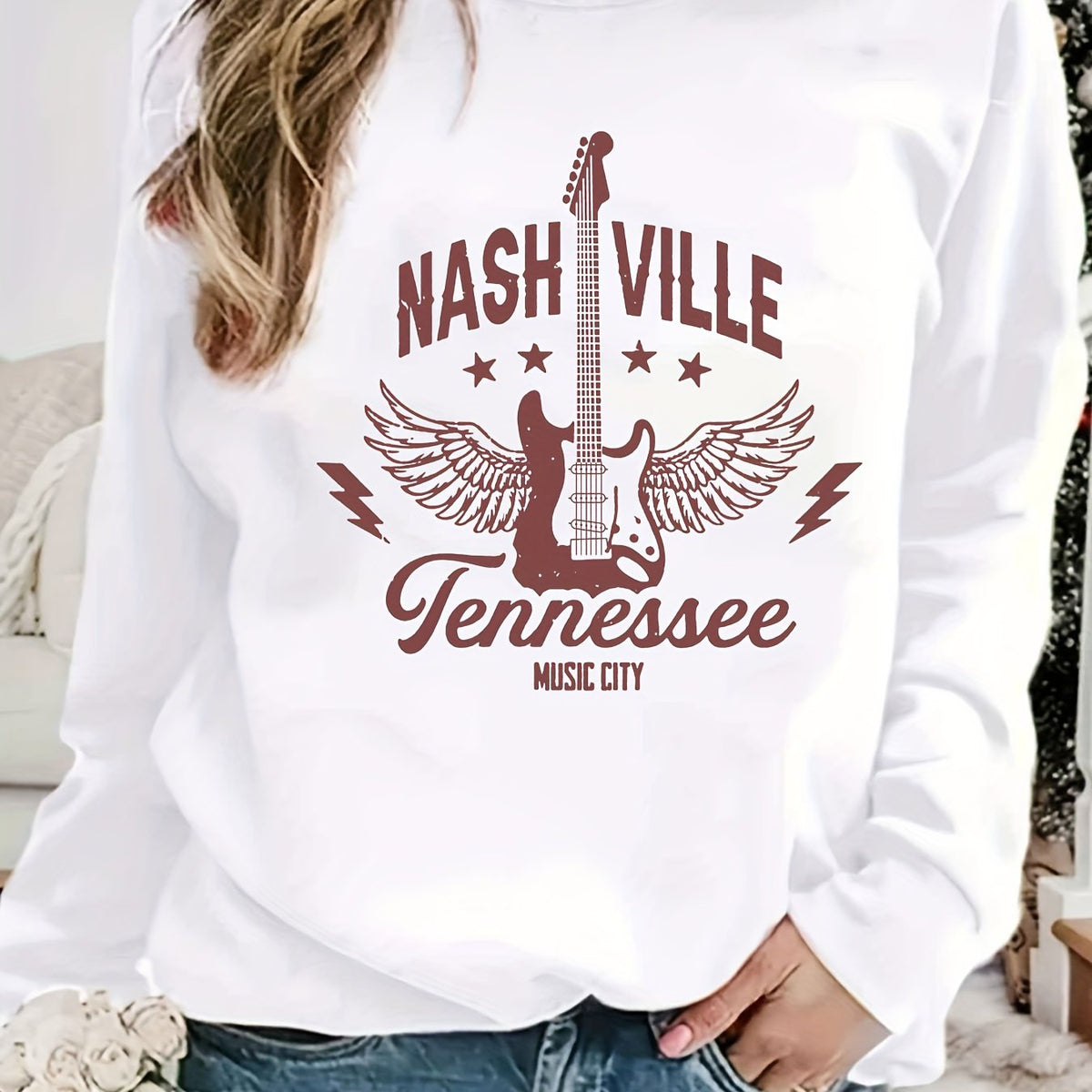 Nashville Print Sweatshirt Long Sleeve Crew Neck Casual Women's Clothing