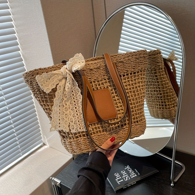 Straw Summer Beach Bag Woven Tote Scarf Decor Shoulder Bag