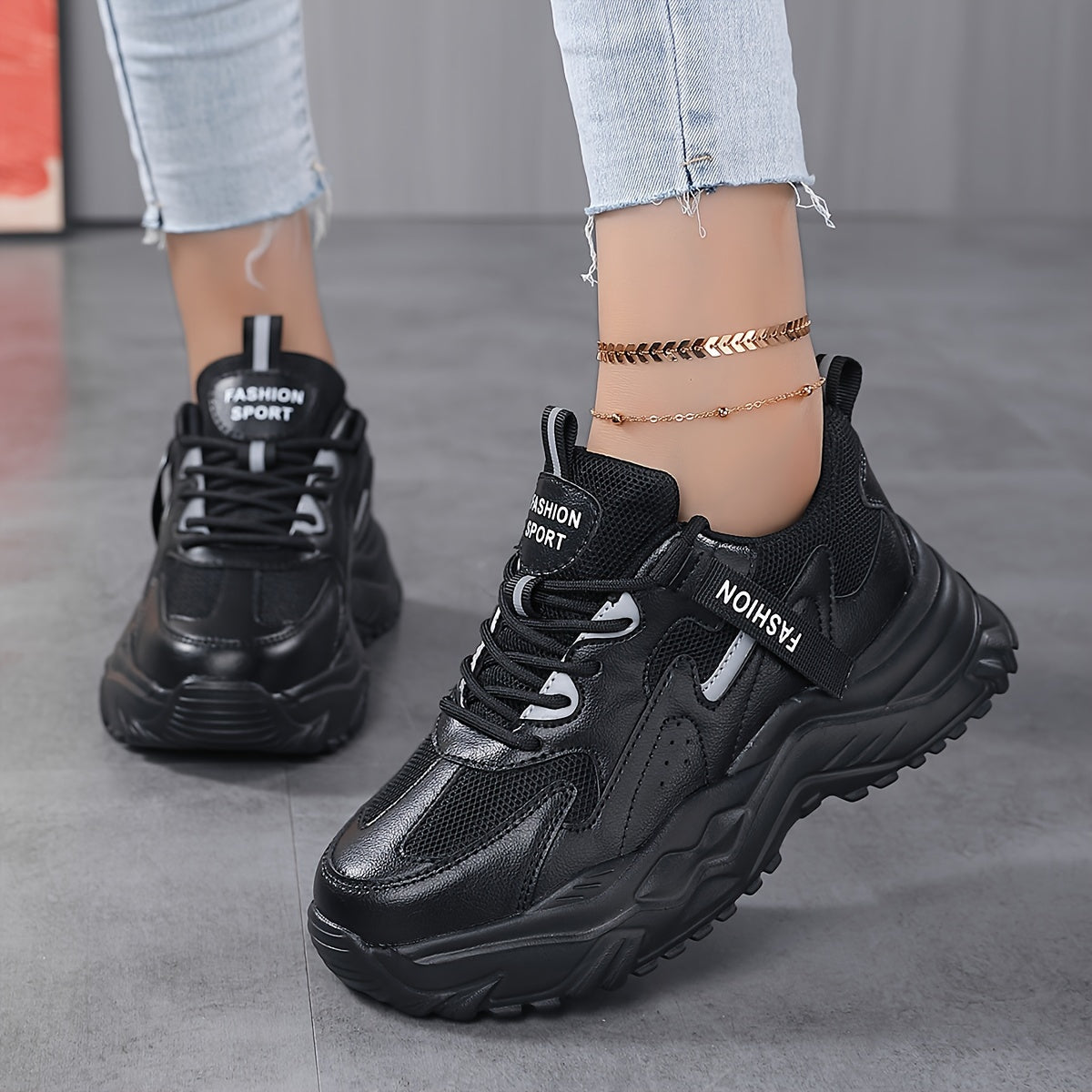 Women's Chunky Sneakers Faux Leather Heighten Casual Shoes