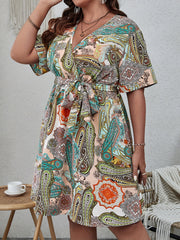  Paisley Print Short Sleeve Dress With Belt