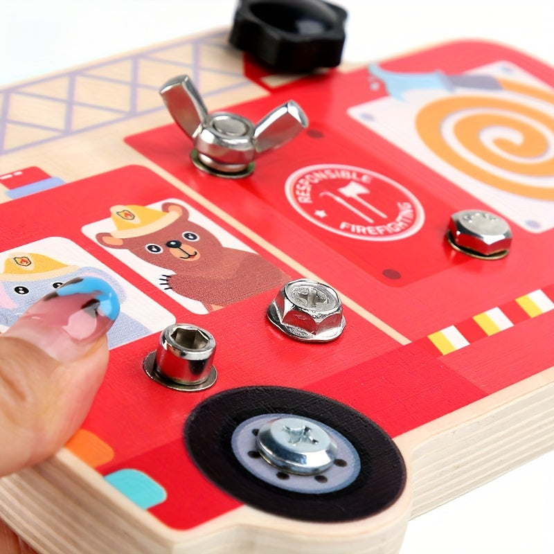 Wooden Disassembly Screw and Nut Fire Truck Set Busy Board Toy