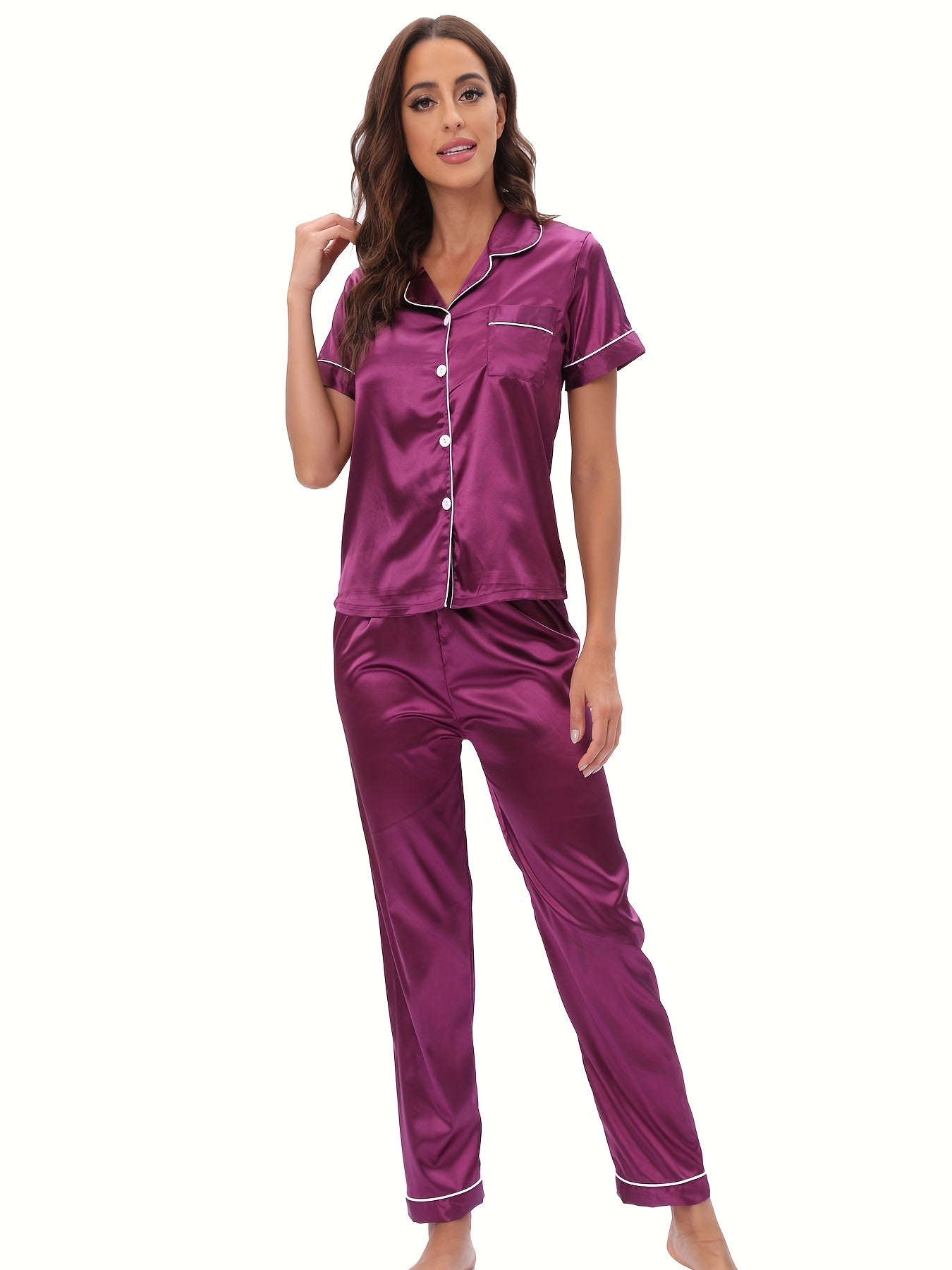 Satin Pajama Set Short Sleeve & Elastic Waistband Pants Women's Sleepwear