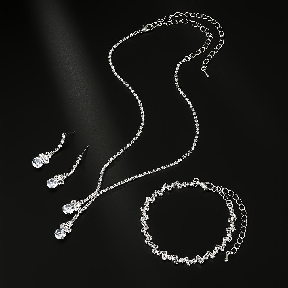 Rhinestones Jewelry Set Pendant Necklace Dangle Earrings Chain Bracelet