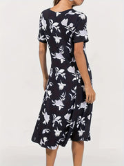  Floral Print Short Sleeve Round Neck Dress