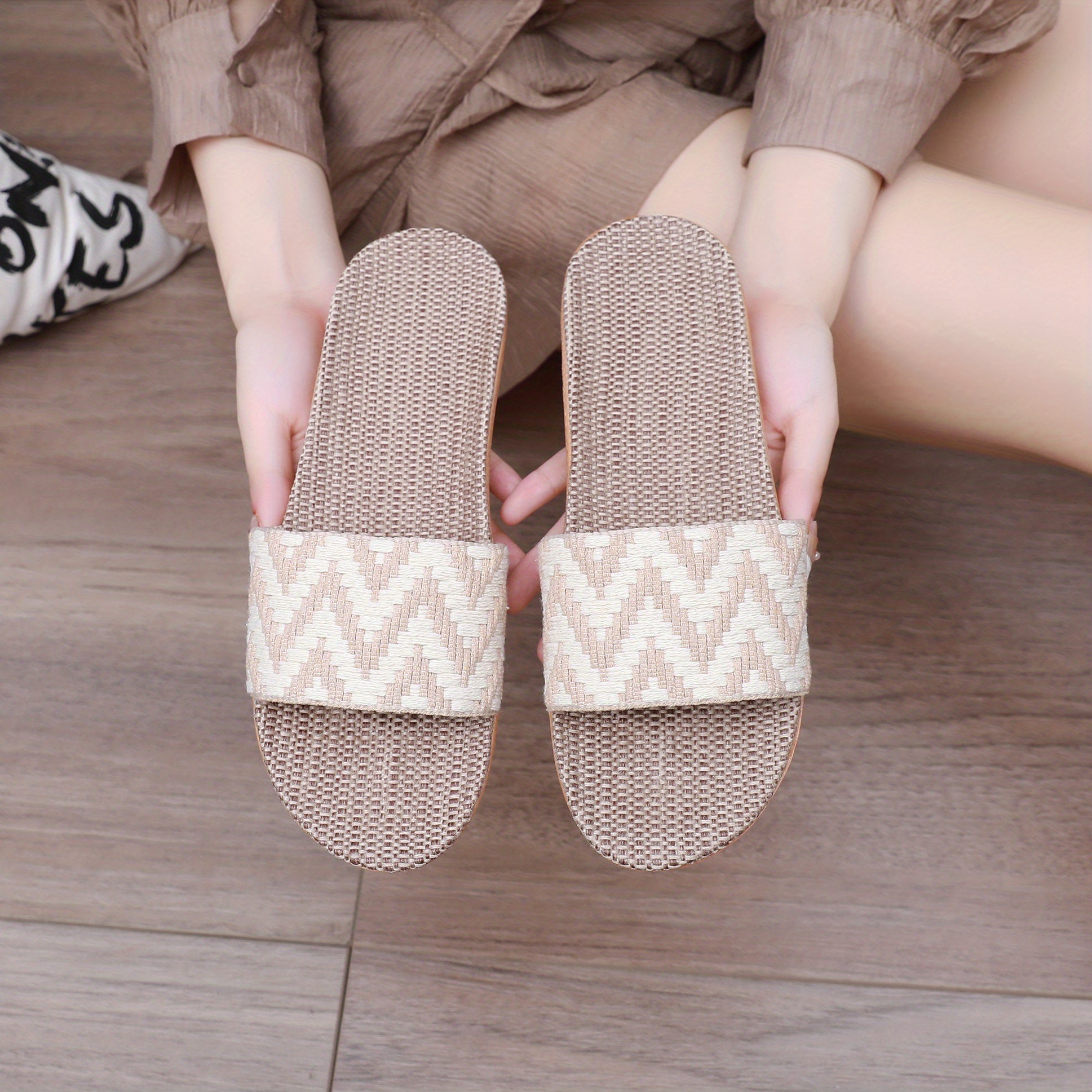 Women's Linen Chevron Pattern Slides Open Toe Slip On Shoes