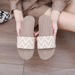 Women's Linen Chevron Pattern Slides Open Toe Slip On Shoes