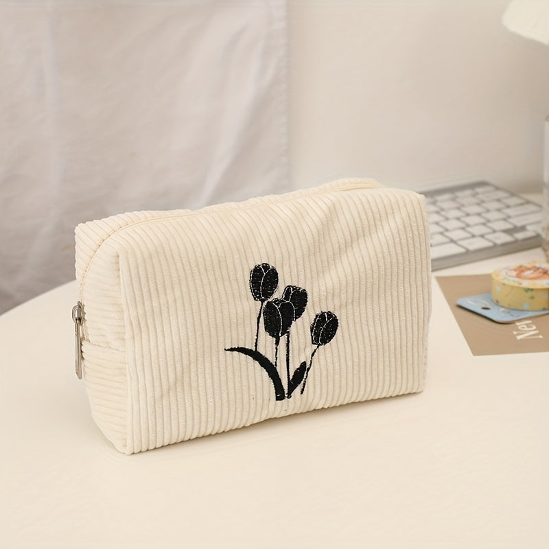 Corduroy Cosmetic Bag Makeup Bag Flower Make Up Organizer