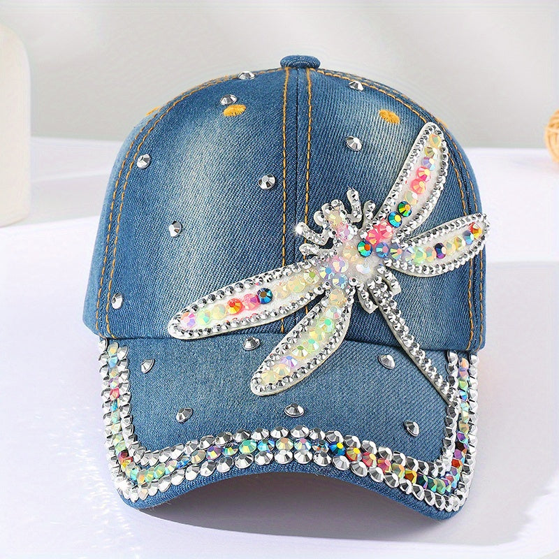 Dragonfly Patch Denim Baseball Cap Rhinestone Washed Distressed Dad Hat