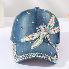 Dragonfly Patch Denim Baseball Cap Rhinestone Washed Distressed Dad Hat