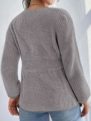  Ribbed Knit Lantern Sleeve Sweater