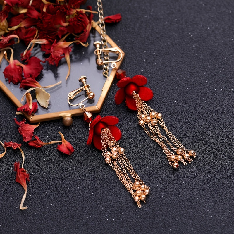 Red Flowers Headband Hairpins Clip Earring Set Chinese Style Bridal Wedding