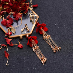 Red Flowers Headband Hairpins Clip Earring Set Chinese Style Bridal Wedding