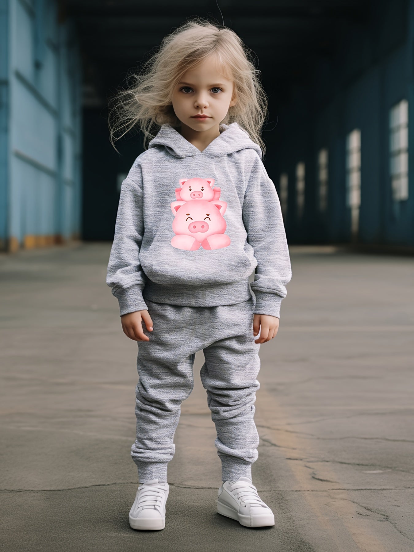 Kids 2pcs Piggy Family Print Hooded Pullover Pants Set For Spring Fall