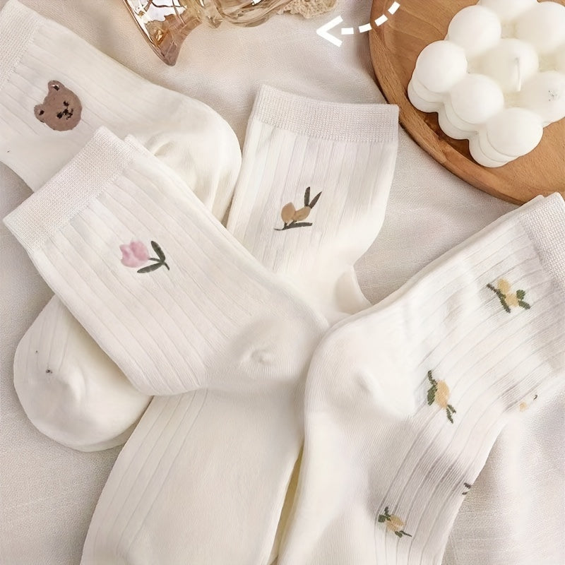 5 Pairs Floral & Bear Print Socks Women's Stockings Hosiery