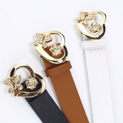 Rose Butterfly Heart Buckle Belt Classic Solid PU Leather Belt For Women