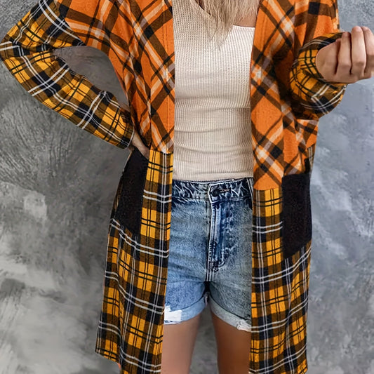  Plaid Print Long Sleeve Open Front Cardigan