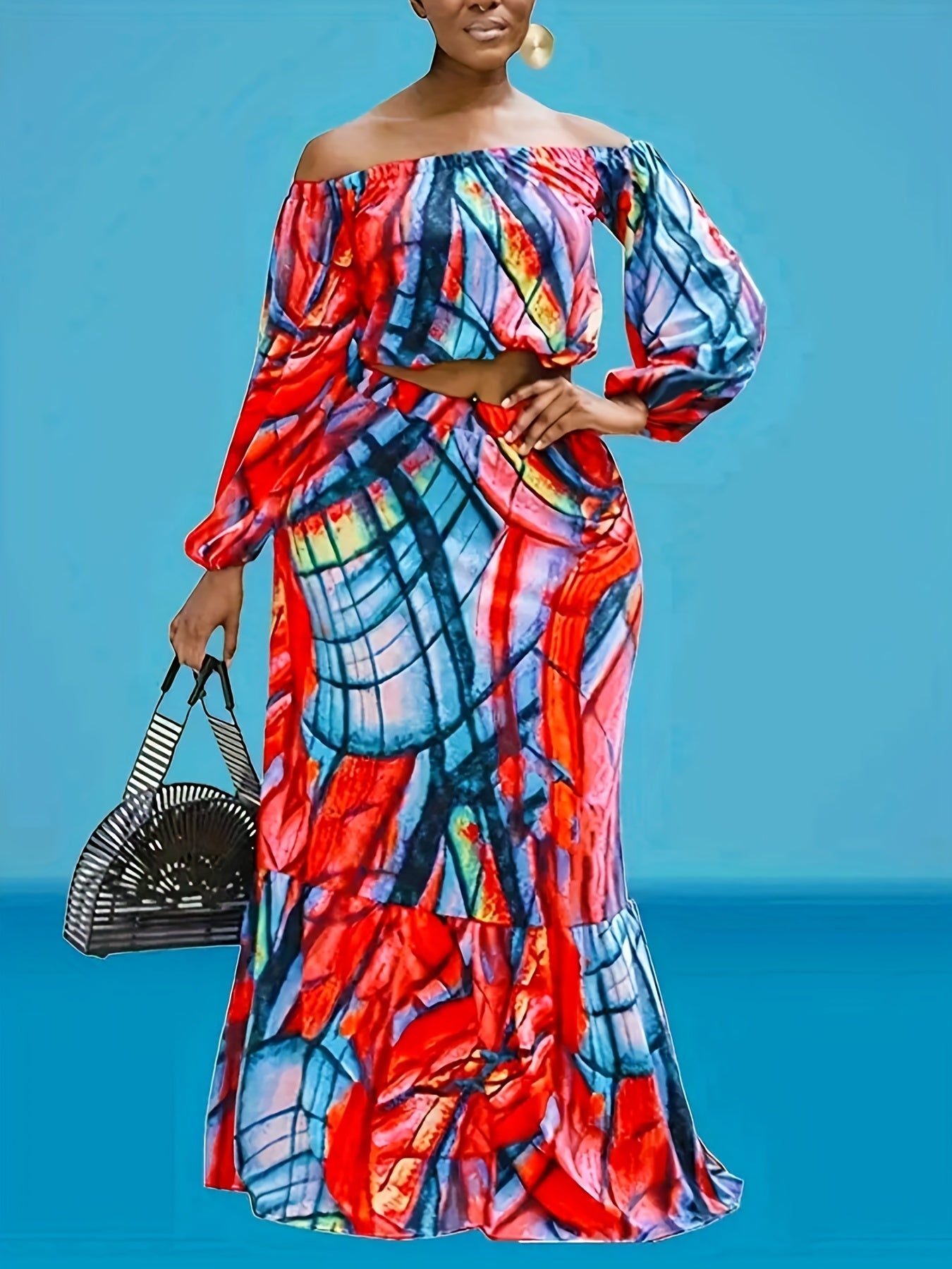  Women's Random Print Off Shoulder Top & Mermaid Skirt Set