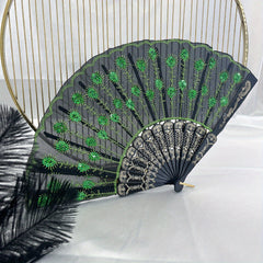 Men's Folding Hand Fan with Peacock Tail Sequin for Stage Prom
