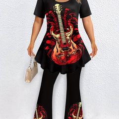  Gothic Guitar Print Top & Flared Pants Set