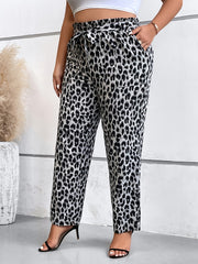 Women's Plus Leopard Print Ruffle Trim Pants With Belt