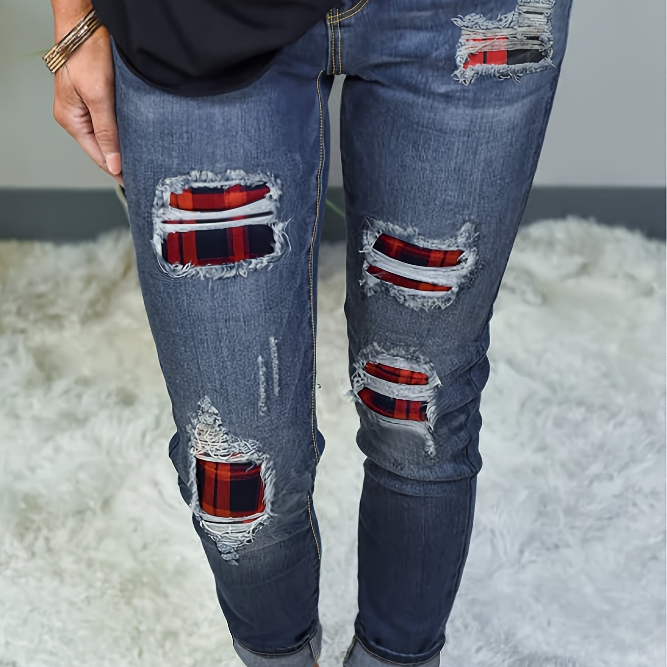  Colorblock Plaid Print Ripped Button Fly Jeans