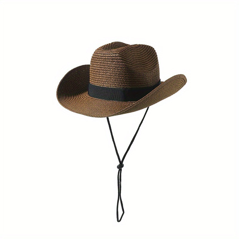 Unisex Western Cowboy Straw Hat Rolled Brim Sunscreen Sun Hat