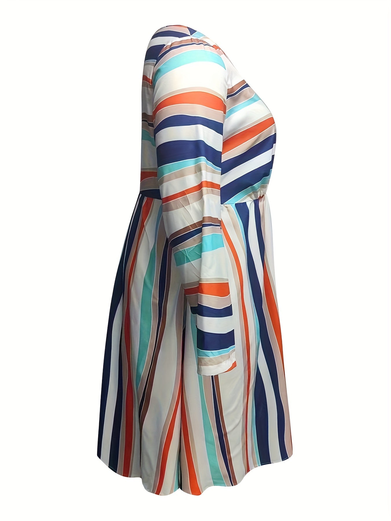  Stripe Print Long Sleeve Round Neck Mini Dress