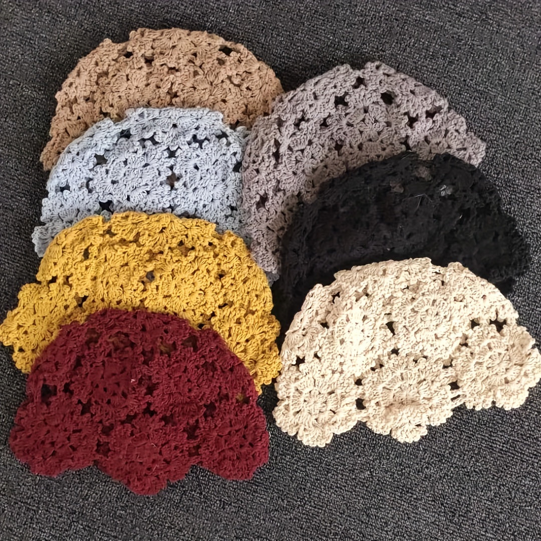 Crochet Beanie Flower Hollow Out Knitted Cloche Skull Cap