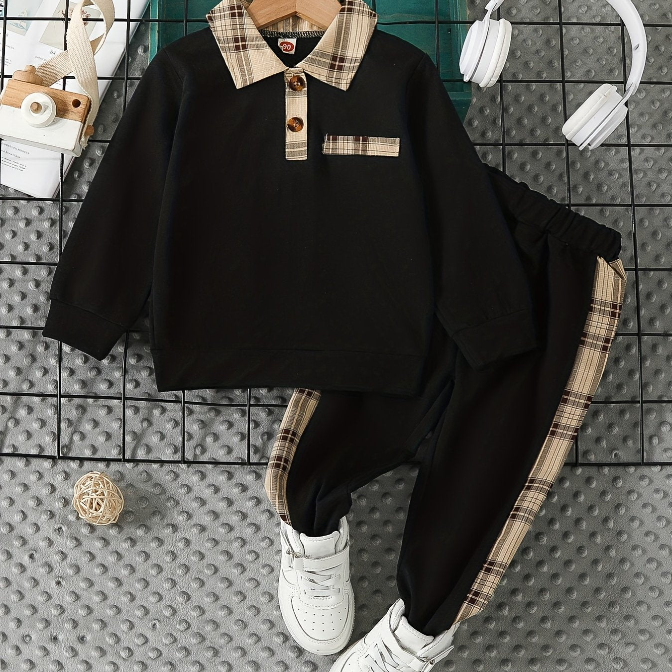 2pcs Boys Plaid Long Sleeve Sweatshirt&Sweatpants Sets Kids Clothes
