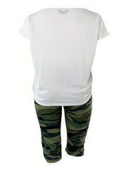  2 Piece Set: Slogan Print Top & Camo Print Shorts