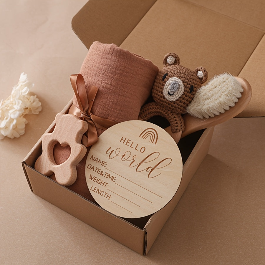 Baby Bath Set Bamboo Towel Rattle Brush Props