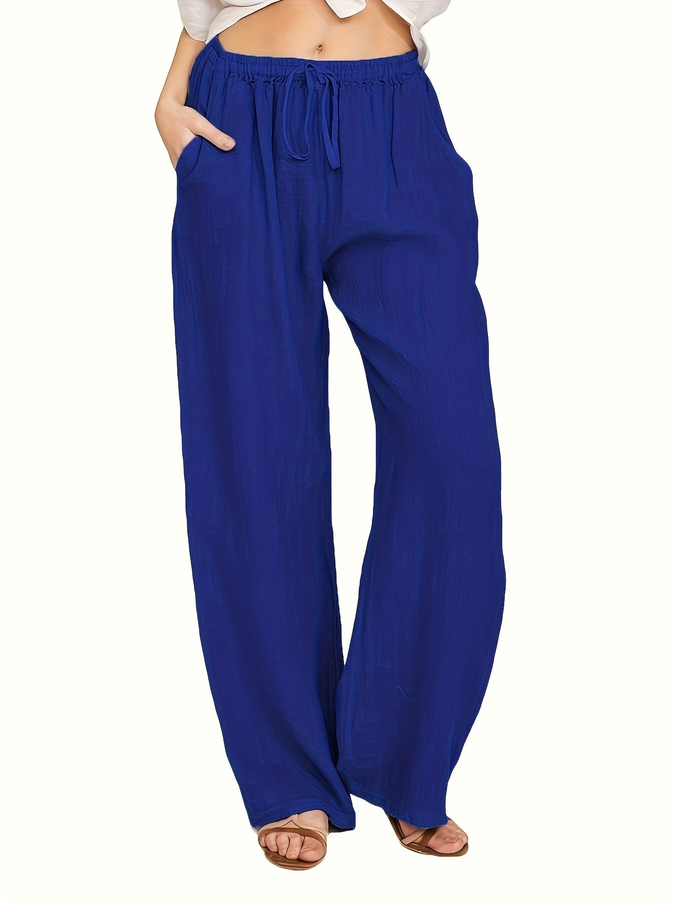  Solid Wide Leg Pants With Pockets
