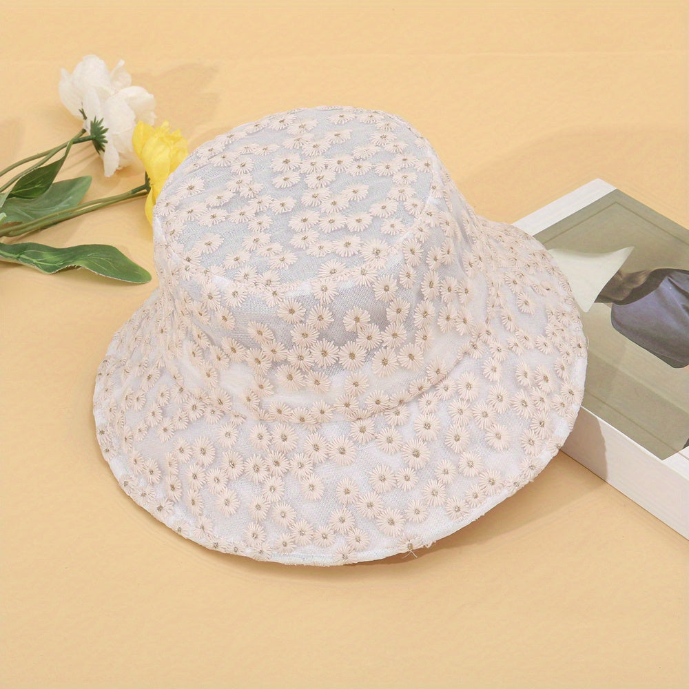 Flower Embroidery Bucket Hat Mesh Breathable Lightweight Sun Hats
