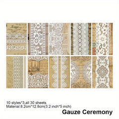 30 Pcs Vintage Lace Scrapbooking Supplies Journaling Paper DIY Junk Planner